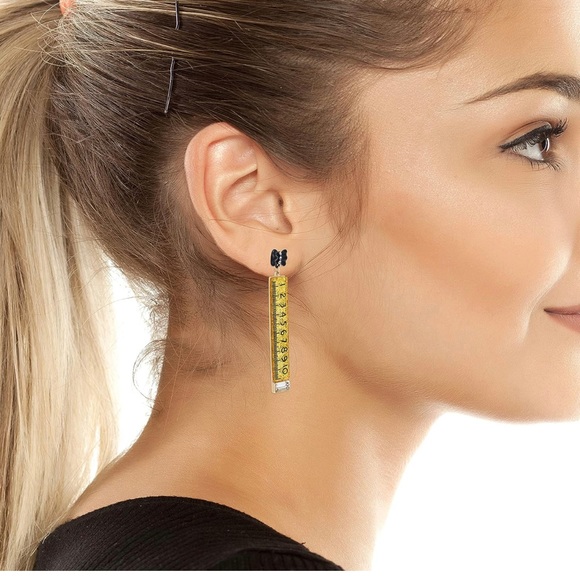 Betsey Johnson Yellow Ruler Drop Earrings With Black Bow - Picture 2 of 3